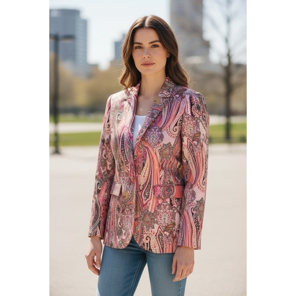 Tommy Hilfiger Blazer‎ Jacket Women's 12 Paisley Floral Pink Cotton Yellowstone